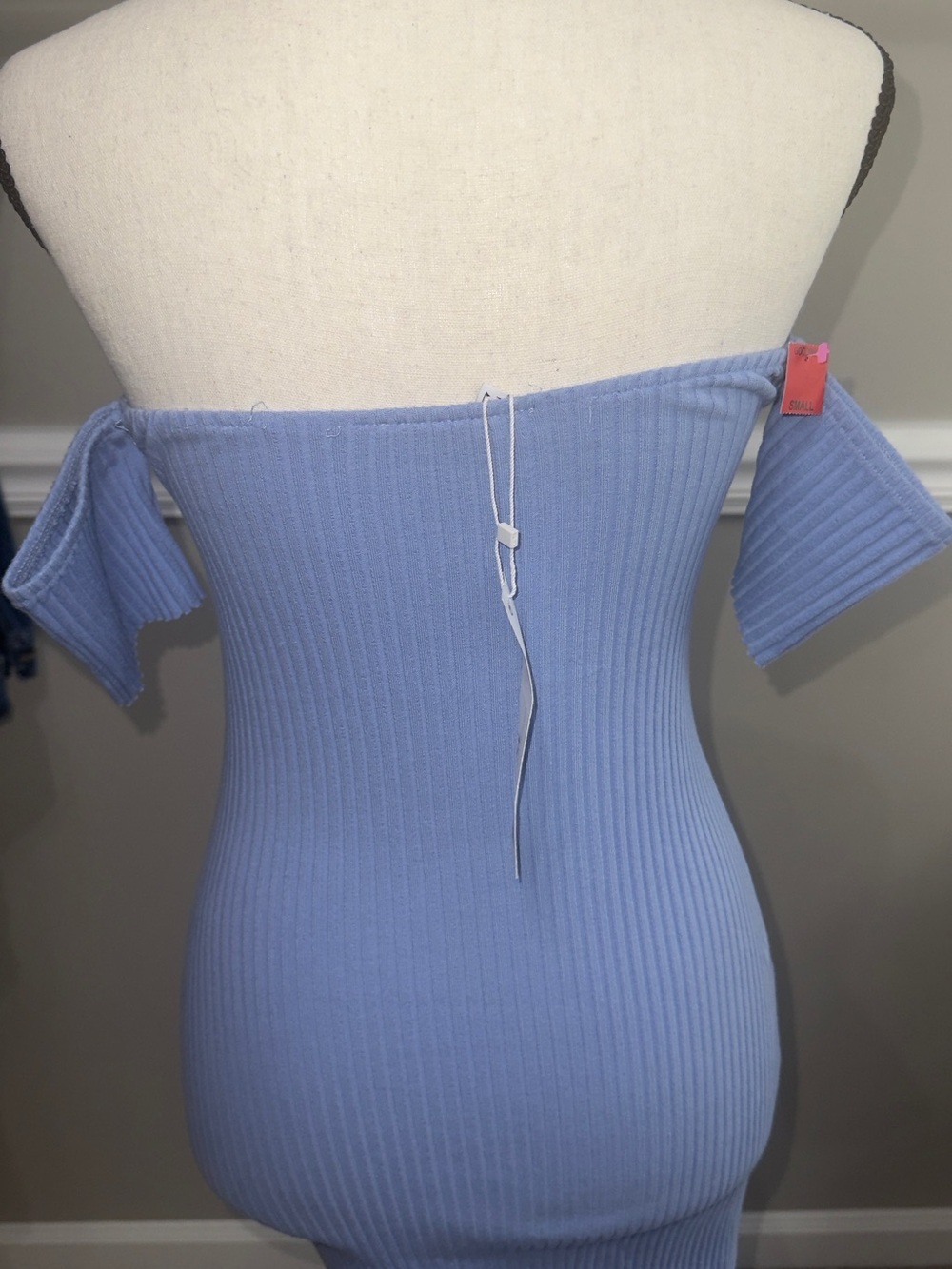Zara Sky Blue Ribbed One-Shoulder Cross-Neck Bodycon Dress Small - Picture 6 of 7